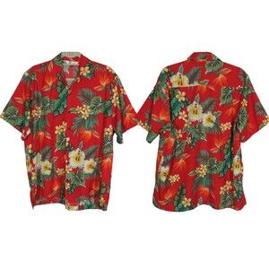 Alvish Men's Red Floral Button Up Hawaiian Shirt Size Large